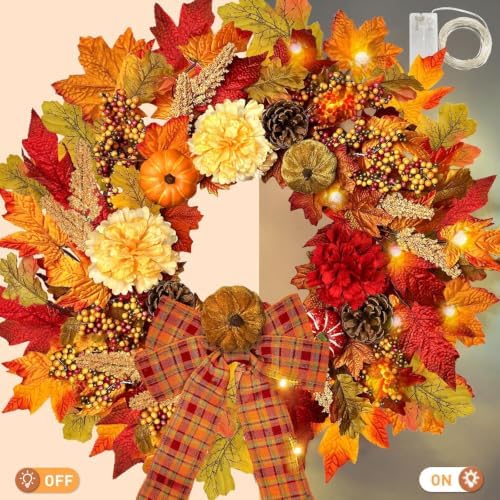 ICX 24 Inch Fall Wreaths for Front Door, Autumn Wreath with Lights and Bows - Image 5