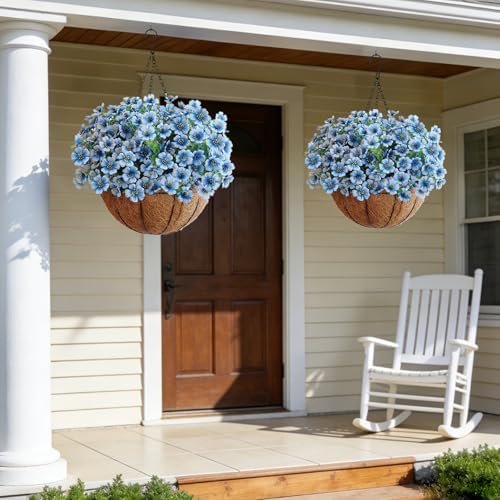 Artificial Hanging Flower Plants with Pot Planter, 12 Bundles Fake Flowers Uv Resistant Artificial Outdoor Flowers for Spring Summer Yard Porch Patio Garden and Home Decoration - White Blue - Image 5