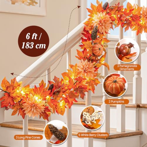 Lewondr 6ft Fall Garland with Lights for Mantel, 20 LED, Fruits & Dahlia - Image 2