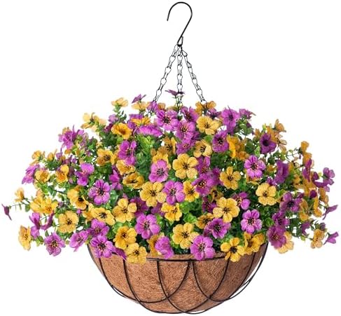 INXUGAO Artificial Silk Spring Flowers Hanging Basket for Outdoor Indoor, Daisy with Eucalyptus Leaves Arrangement for Yard Decor, Faux Green Plant in Metal Coconut Lining Pot(Purple Yellow) by INXUGAOArtificialFlowers