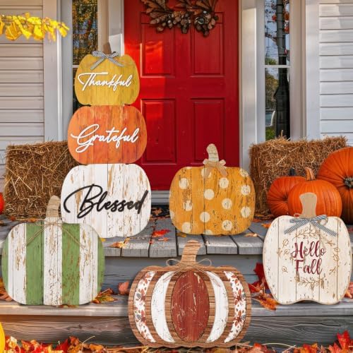 Bucherry 5 Set Thanksgiving Porch Decoration Pumpkin Wood Porch Standings Thankful Grateful Blessed Hello Fall Welcome Sign Decor with Base for Home Front Door Garden(Orange Style) - Image 6