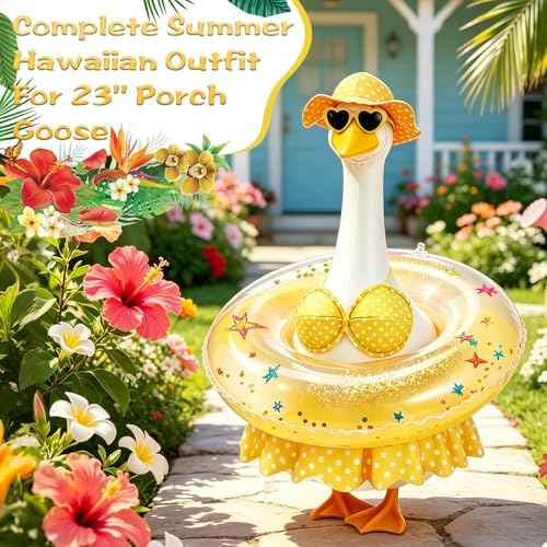 Hawaiian Porch Goose Outfit, Summer Bikini Costume with Sunglasses & Wreath, Fits 23" Goose Statue, Garden Lawn Patio Yard Outdoor Decoration (Yellow) - Image 2
