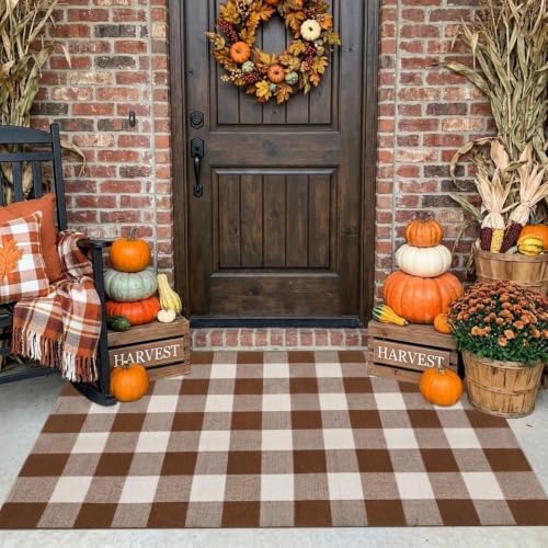 Fall Decor Buffalo Plaid Outdoor Rug 3x5 Ft Coffee and White Checkered Area Rug Washable Fall Doormats Indoor Outdoor Rugs for Porch Layered Front Door Mats, Entryway, Kitchen, Farmhouse - Image 4