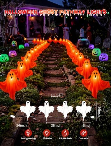 4PK Halloween Pathway Lights Outdoor, Plug In LED Orange Ghost Decor Lights - Image 2