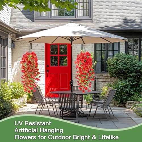 Artificial Flowers for Outdoors Fake Morning Glory Hanging Flower Decoration, 4 Pcs Realistic Faux Plants Petunias Trailing Vines, Spring Summer Decor for Porch Patio Balcony Planter Yard(Red) - Image 3