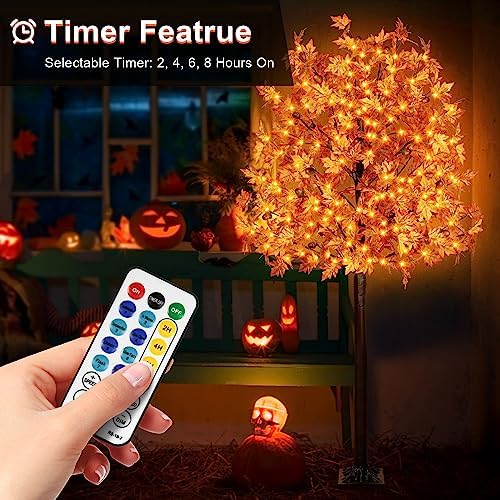 7FT 170 LED Lighted Maple Tree - Thanksgiving Decor Artificial Fall Tree with 17 Branches, 17 Acorns 340 Leaves, Remote 8 Flashing Modes, Timing, DC 5V Safe for Outdoor Wedding Party Autumn Decor - Image 5