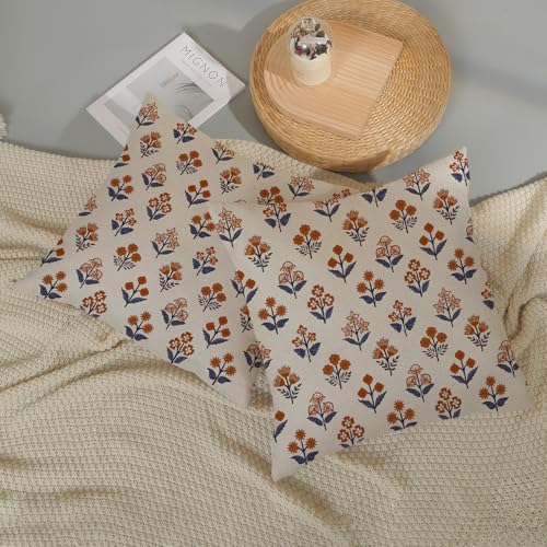 Fall Burnt Orange Blue Pillow Covers 20x20 Inch 2 Pcs Block Print Vintage Floral Decor Throw Pillows Boho Flower Summer Outdoor Seasonal Decoration Pillowcase Linen Cushion Cover for Couch Sofa - Image 5