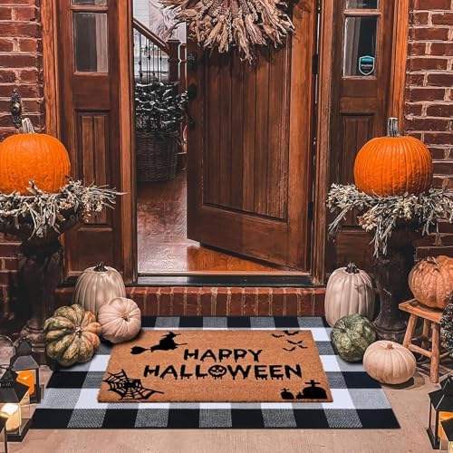 Homydecor Halloween Decor Doormat Combo Set, 100 Percent Coco Coir Welcome Mat + 28X43 Inches Black and White Plaid Rug - Halloween Front Porch Entryway Decor Floor Mat, Outdoor Mats Happy Halloween by Homydecor