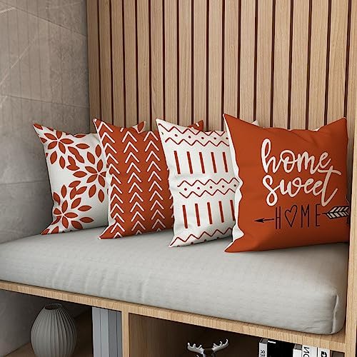 YCOLL Burnt Orange Linen Pillow Covers 16x16 Set of 4, Home Sweet Home Farmhouse Throw Pillow Covers, Holiday Decorative Cushion Covers for Sofa Couch Bed, Autumn Burnt Orangeic Fall Decor - Image 5