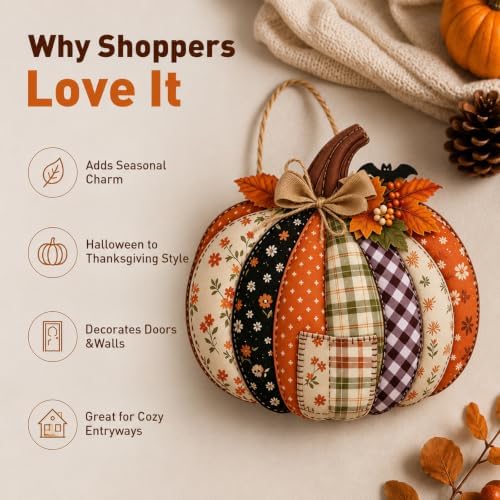 Autumn Retro Patchwork Pumpkin Door Hanging with Lights，J - Image 4