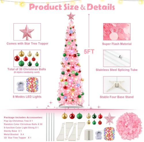 N&T NIETING Pop Up Christmas Tree with Lights & 30 Balls, 5Ft Collapsible Pink Tinsel Tree Decorations for Holiday Home Office Decor, Pink - Image 3
