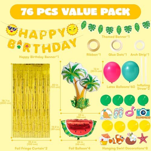 JOYIN Summer Hawaiian Birthday Party Decorations, 76PCS Party in Summer Supplies with Banner, Foil & Latex Balloons, Spiral Swirls & Tinsel Curtains for Boys, Girls, Kids Tropical Fruit Party Decor - Image 2