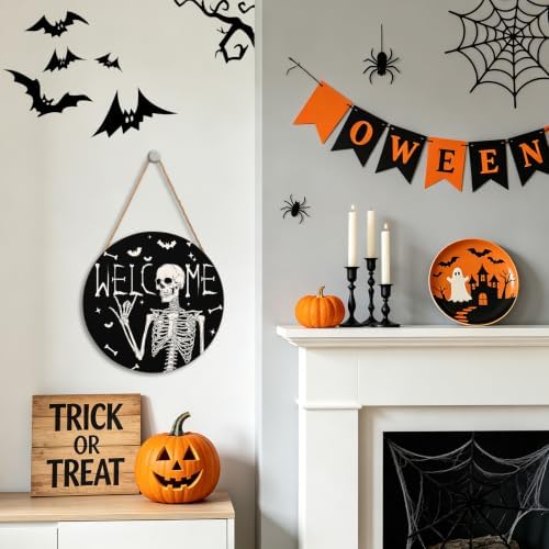 Halloween Skull Welcome Door Sign 12x12 Inch Halloween Wreaths for Front Door Spooky Skeleton Welcome Sign Rustic Wooden Holiday Decor for Front Porch Window Wall Farmhouse Indoor Outdoor - Image 7