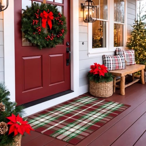 Moucuny 2'4'' X 3'7'' Red Green White Brown Christmas Plaid Outdoor Rug - Image 2