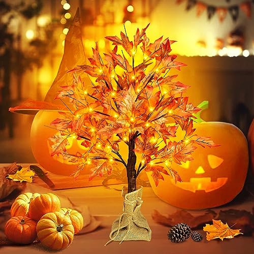 FastDeng 2FT Fall Lighted Maple Tree, 24 Inch Tabletop Artificial Tree with 36 LED Lights, 72 Leaves, 6 Acorn, Timing Battery Operated with Burlap Base for Indoor Autumn Harvest Home Decor - Image 7