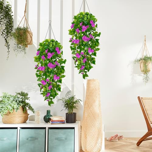 BLEUM CADE Artificial Hanging Flowers for Outdoors, 4pcs Fake Hanging Plants Pothos Vines with Purple Flowers for Wall Home Living Room Indoor Outdoor Decor (No Baskets) - Image 4