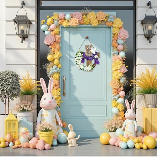 Harooni Easter Door Sign for Front Door He Is Risen Easter Cross Wood Wreaths Hanger Religious Cross Lily Flowers Outdoor Porch Decor Spring Flowers Wooden Wreath Wall Hanging Decoration 10.9"x10.9" - Image 7
