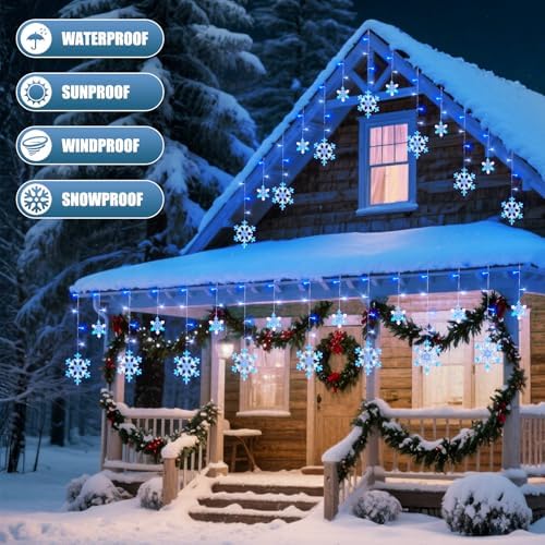 13 Ft 192 LED Snowflake Christmas Icicle Lights with 16 Drops, 8 Modes and Timer, IP65 Waterproof Connectable for Indoor Outdoor House Window, Blue and White - Image 2