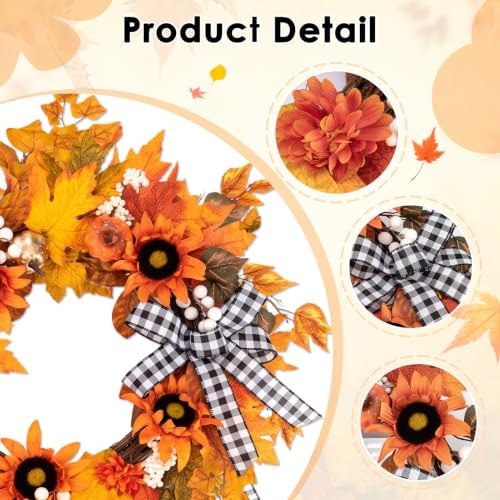 Fall 6FT Garland Wreaths 24", 4 Pack, Artificial Sunflower - Image 4