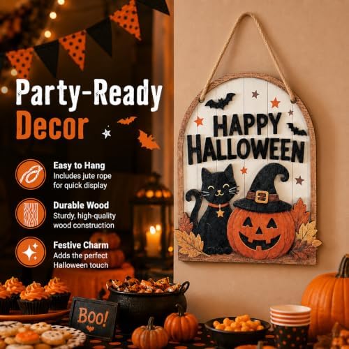 LKTEE Halloween Door Sign, Wooden Black Cat Pumpkin Decor for Front Door - Image 2