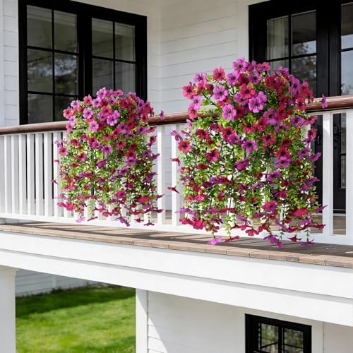 INQCMY Artificial Hanging Flowers with Basket for Spring Outdoor Decoration 3 Bunches of Silk Daisy Flower Uv Resistant for Garden Porch Patio Balcony Yard Decor (Purple Red) - Image 5