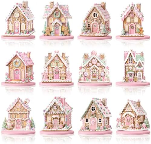 12 Pcs Christmas Gingerbread Decor Pink Gingerbread House Table Centerpiece by Amyhill