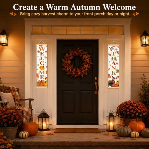 Turkey Give Thanks Door Banner Set of 2, Welcome Fall Porch Decor for Home - Image 6