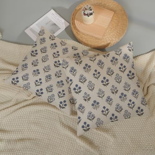 Blue Grey Pillow Covers 16x16 Inch 2 Pcs Gray Block Print Vintage Floral Decor Throw Pillows Boho Flower Spring Summer Outdoor Seasonal Decoration Pillowcase Linen Cushion Cover for Couch Sofa - Image 5