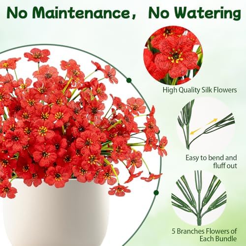12 Bundles Red Artificial Flowers for Outdoors, UV Resistant Faux Plants - Image 4
