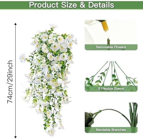 Artificial Flowers for Outdoors Fake Morning Glory Hanging Flower Decoration, 2 Pcs Realistic Faux Plants Petunias Trailing Vines, Spring Summer Decor for Porch Patio Balcony Planter Yard(White) - Image 2