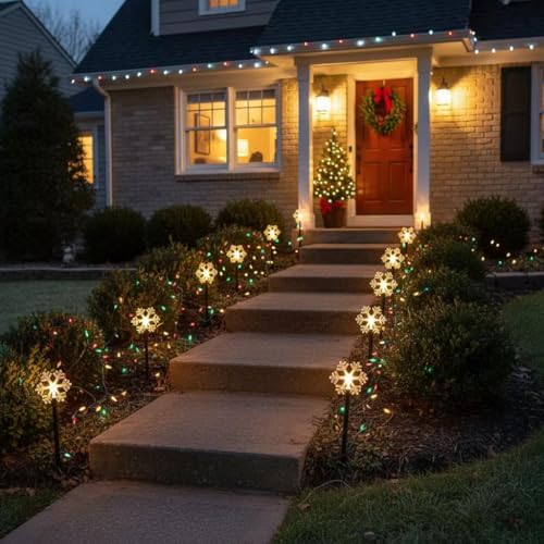 Mycznsyard Christmas Snowflake Pathway Lights 5 Pack Battery Powered Waterproof LED Night Lights for Outdoor Ground Lawn Landscape Holiday Party Decor (Warm White) - Image 2