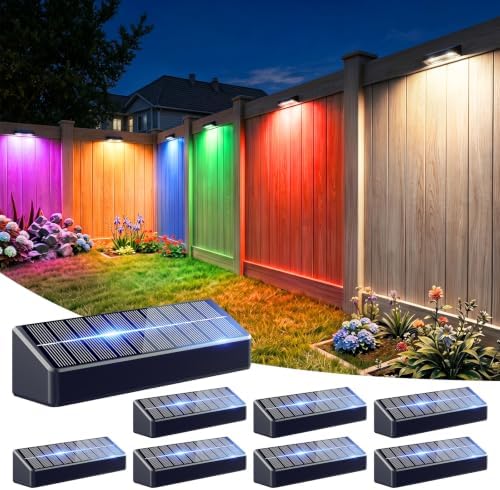JOFIOS Fence Lights Solar Powered, 9 Fixed Colors ＆ Color Changing Solar Wall Lights Outdoor Waterproof IP65 Dusk-to-Dawn LED Deck Lighting for Patio, Railing, Pool, Porch, Backyard, Wall, 8 Pack by JOFIOS