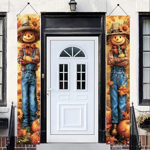 2PCS Fall Porch Sign Scarecrow Porch Banner Autumn Harvest Door Decoration Thanksgiving Front Door Decor Rustic Farmhouse Vertical Outdoor Hanging Banner for Porch Entryway 71 x 12 Inch - Image 4