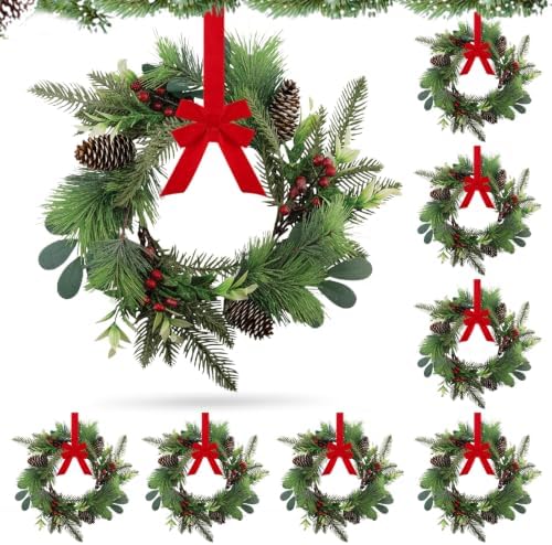 8 PCS 9" Small Christmas Norfolk Wreaths Mini Cabinet Wreaths for Kitchen with Red Berry Pinecone Cedar Bows Snowy Pine Wreath for Xmas Front Door Window Fireplace Home Table Pillar Stairs Decor by Unknown