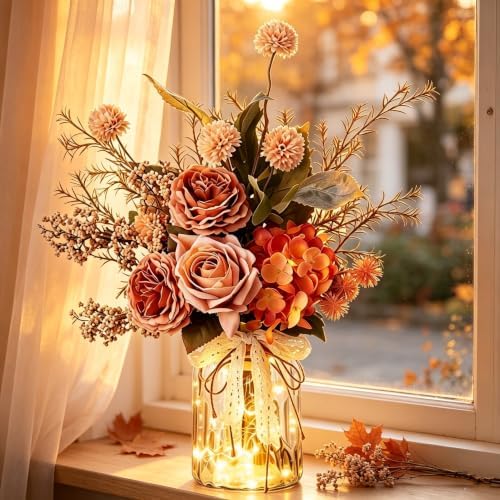 Artificial Fall Flowers with Vase & Lights – Faux Autumn Hydrangea & Rose - Image 3