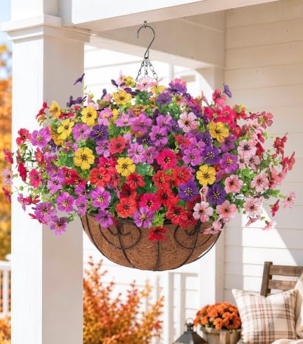 HyeFlora Artificial Fake Hanging Plants Flowers with Basket Outdoor Decor Faux Silk Dasiy Flower Arrangements in Pot Planter for Porch Home Indoor Patio Garden Yard Decoration - Image 7