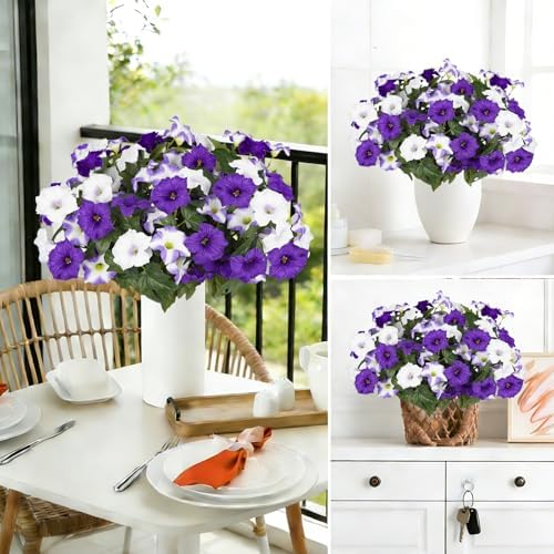 Artificial Flowers for Outdoors, Faux Petunias Spring Summer Decoration, Fake Flowers Plants UV Resistant Look Real Silk Flowers for Outside Planter Front Door Porch Patio Yard (6, Purple-White) - Image 4