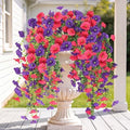 Artificial Fake Hanging Flowers Plants for Outdoor Outside Spring Summer Decoration 2PCS Faux Silk UV Resistant Realistic Morning Glory with Eucalyptus for Home Porch Patio Balcony(Purple & Hot Pink) by Sggvecsy