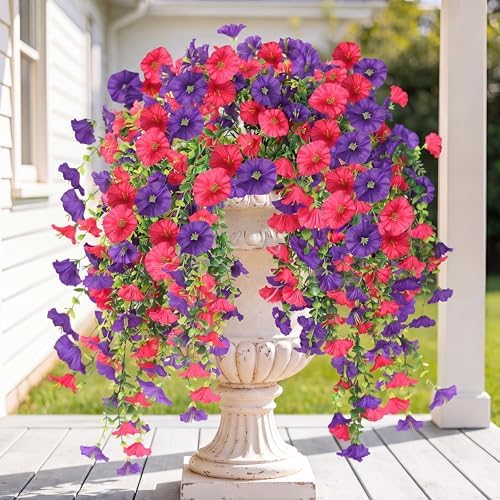 Artificial Fake Hanging Flowers Plants for Outdoor Outside Spring Summer Decoration 2PCS Faux Silk UV Resistant Realistic Morning Glory with Eucalyptus for Home Porch Patio Balcony(Purple & Hot Pink) by Sggvecsy