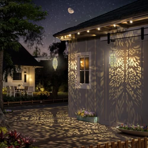 Twinkya 2 Pack Hanging Solar Lights Outdoor Garden Decorative Solar Lantern Waterproof Metal Moroccan Outdoor Decorations for Patio Pathway Yard Porch Backyard Garden Decor (White, 2 Pack) - Image 5