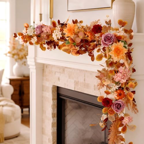 6FT Fall Garland for Mantle, Pumpkin Dahlia Garland Fall Decor - Image 6