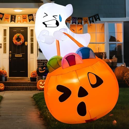 Joiedomi 5 FT Tall Halloween Inflatables Outdoor Decorations, Inflatable Cute Ghost Halloween Decor Outdoor, Blow Up Ghost Lift Pumpkin Candy Bag with Build-in LEDs for Yard Decorations by Joiedomi