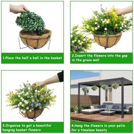 Artificial Hanging Plants Flowers with Basket 2 Packs, Faux Hanging Plants Outdoor, White+Pink+Yellow+Orange+Blue+Green&White+Pink+Yellow+Orange+Blue+Purple - Image 4