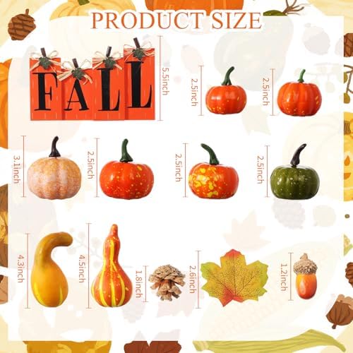 Roowest 50 Pcs Fall Pumpkins Harvest Decoration Set Mini Artificial Gourd Autumn Leaves Acorns Decorations and 4 Pcs Thanksgiving Wood Tabletop Decor Block Signs for Harvest Autumn Home Decor - Image 2