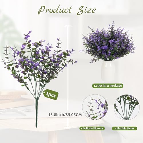 RECUTMS Fake Shrubs Flowers, 12Pcs Faux Outdoor Purple Plants UV Resistant - Image 2