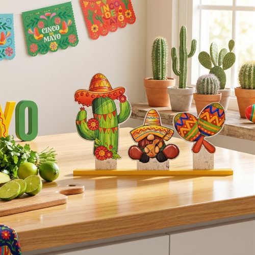 Smile Cinco De Mayo Standing Wooden Decor Set, 3-Piece Mexican Fiesta Wooden Cutouts (Cactus, Gnome, Maraca) for Tabletop & Party Display - Image 6