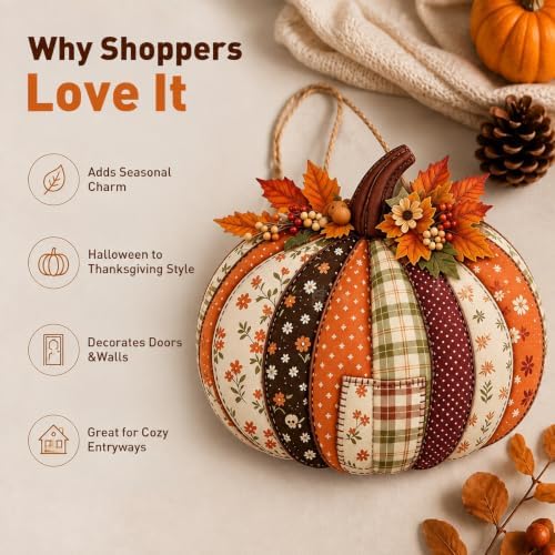 Autumn Retro Patchwork Pumpkin Door Hanging with Lights，H - Image 4