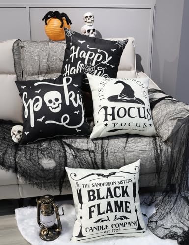 TOYPOPOR Halloween Decorations Pillow Covers Double-Side Printing 18x18 Set of 4 Indoor/Outdoor Hocus Pocus Farmhouse Decorative Cushion Cases Spider Web Cat Skull Home Decor - Image 3
