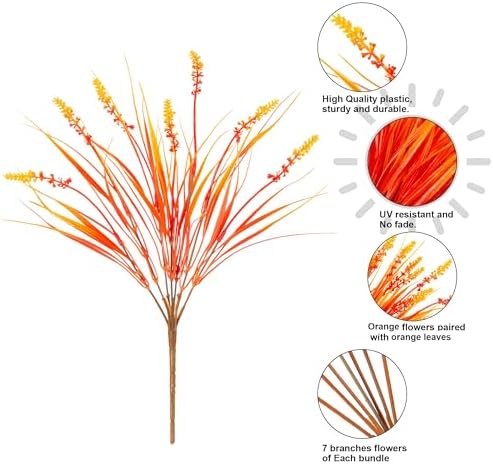 Artificial Fall Fake Outdoor Plants Flowers for Autumn Decoration,10 Bundles Faux Plastic Tall Monkey Grass Greenery UV Resistant Realistic for Home Outside Planter Window Porch Patio Garden (Orange) - Image 4