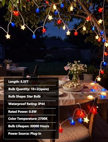 10 LED Red White Blue Star String Lights Outdoor, 8.5Ft 4th of July Decorations Lights Waterproof, Connectable Plug in Patriotic Star Fairy Lights for Home Patio Independence Day Memorial Day Flag Day - Image 4
